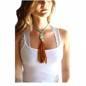 Elegant Turquoise and Gold Tassel Leather Necklace